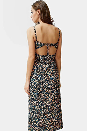 Dokuma Viskoz Çiçekli Midi Elbise A line Kolsuz Rahat Kesim Yüksek Kalite Kullanım