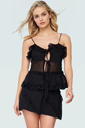 Askılı Bağlama Detaylı Tül Bluz Polyester Regular Kalıp Yazlık Rahat Kullanım Şık Görünüm