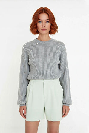 Kadın İnci Detaylı Bisiklet Yaka Regular Kalıp Düşük Kol Fitilli Triko Kazak Günlük Şıklık