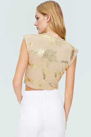 Yazlık Casual Pamuklu Crop Bluz Fitted Kesim Altın Varaklı Dijital Baskı Modern Stil Premium Kalite