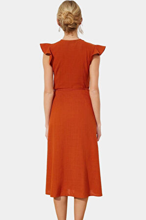 Kısa Kollu Keten Görünümlü Midi Elbise V Yaka Kruvaze Rahat Kalıp Mükemmel Uyum Yüksek Kalite