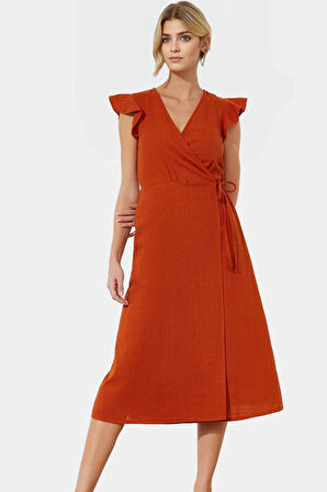 Kısa Kollu Keten Görünümlü Midi Elbise V Yaka Kruvaze Rahat Kalıp Mükemmel Uyum Yüksek Kalite