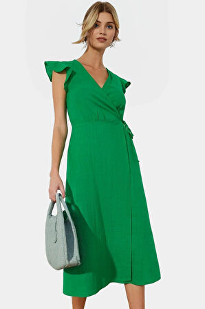 Kısa Kollu Keten Görünümlü Midi Elbise V Yaka Kruvaze Rahat Kalıp Mükemmel Uyum Yüksek Kalite