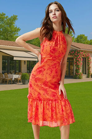 Astarlı Şifon Midi Elbise A Kesim Halter Yaka Çiçek Desenli Rahat Uzun Ömürlü Şık Görünüm