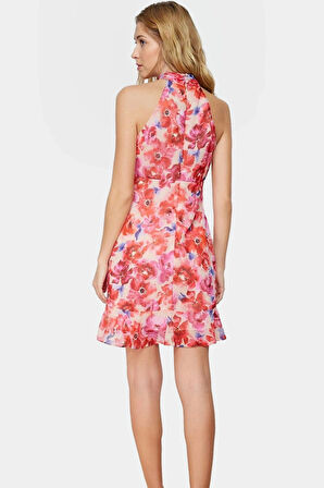 Çiçekli A line Şifon Elbise Halter Yaka Mini Boy Astarlı Konforlu Kesim Modern Stil