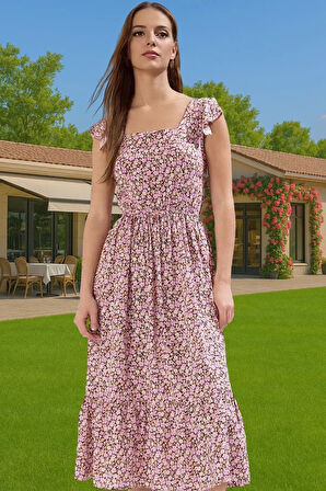 A Kesim Midi Boy Shally Dokuma Viskoz Elbise Kare Yaka Mükemmel Uyum Özenle Seçilmiş Uzun Ömürlü