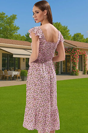 A Kesim Midi Boy Shally Dokuma Viskoz Elbise Kare Yaka Mükemmel Uyum Özenle Seçilmiş Uzun Ömürlü