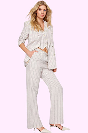 Kadın Straight Kalıp Çizgili Pantolon Nefes Alan Kumaş Günlük Şıklık Yaz Aylarının Vazgeçilmezi