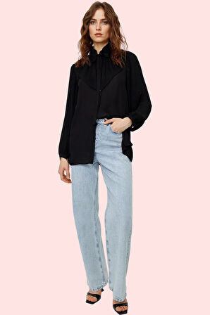 Kadın Uzun Kollu Şifon Gömlek Fırfırlı Detay Hakim Yaka Yazlık Günlük Kullanım Özel Günler