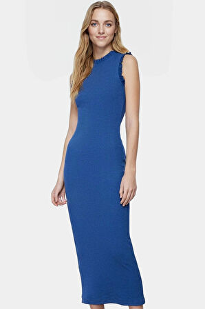 Pamuklu Elastan Bodycon Midi Elbise Büzgülü Kollu Rahat Günlük Kombin Zarifane Tasarım