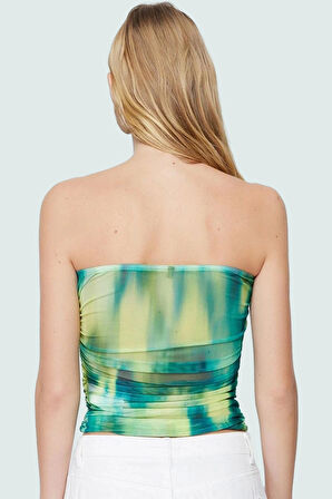 Soyut Desenli Tül Örme Straplez Bluz Rahat ve Şık Yazlık Yüksek Kalite Konforlu Kesim