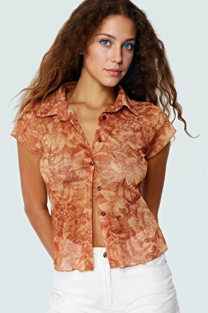 Çok Çiçek Desenli Polyester Örme Bluz Vücuda Oturan Kısa Kollu Gömlek Yaka Tül