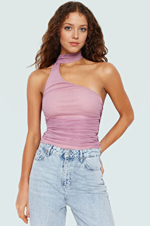 Esnek Örme Bluz; Asimetrik Yaka Bağlama Detay Kolsuz Fitted Kaliteli İşçilik