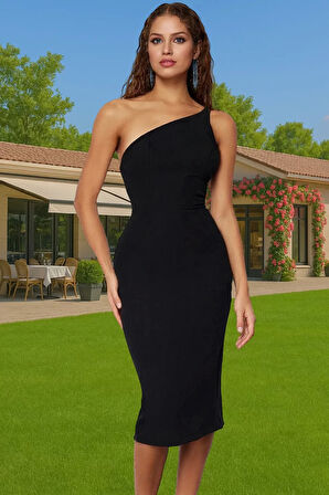Tek Omuzlu Şık Abiye Elbise Taş Detaylı Bodycon Finike Dokuma Özenle Seçilmiş Modern Stil