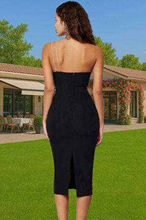 Tek Omuzlu Şık Abiye Elbise Taş Detaylı Bodycon Finike Dokuma Özenle Seçilmiş Modern Stil