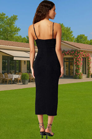 Askılı Bodycon Midi Elbise Simli Örme Polyester Karışımlı Özel Tasarım Seçkin Malzeme Premium Kalite