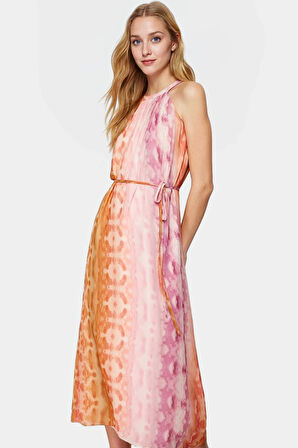 Astarlı Dokuma Şifon Elbise Reglan Kol Soyut Desenli Halter Yaka Zarifane Tasarım