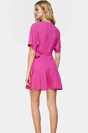 Aerobin Dokuma Mini Elbise Kruvaze Kesim V Yaka Kısa Kollu Trend Tasarım Modern Stil