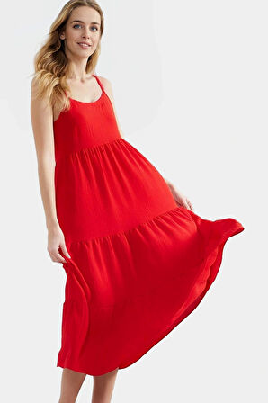 Polyester Dokuma Midi Elbise Renk Skater Kalıp Kolsuz Belden Açılan Etek Mükemmel Uyum