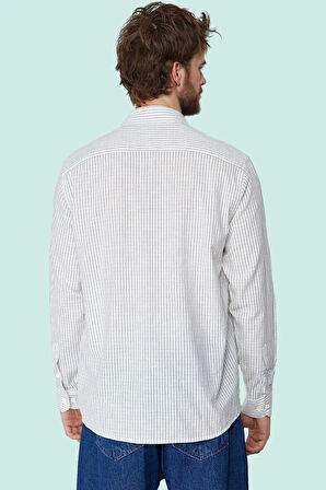 Erkek Casual Keten Karışımlı Çizgili Gömlek Regular Fit Yaka Uzun Kollu Yaz Aylarının Vazgeçilmezi