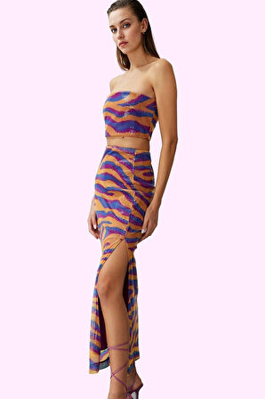 Kadın Kalem Kalıp Maxi Etek Çok Animal Desenli Payetli Gece Elbisesi Yaz Aylarının Vazgeçilmezi