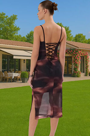 Esnek Bodycon Midi Elbise Kare Yaka Tül Kumaş Yazlık Kaliteli İşçilik Yüksek Kalite Premium Kalite