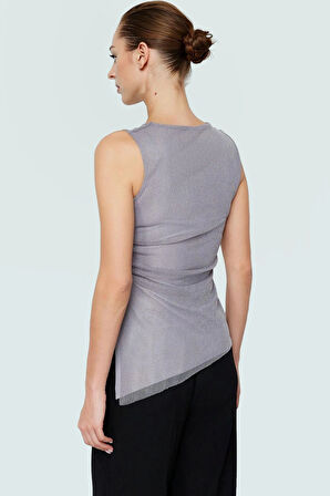 Kolsuz Örme Bluz Kayık Yaka Tül Kumaş Regular Kalıp Günlük Şıklık Şık Görünüm