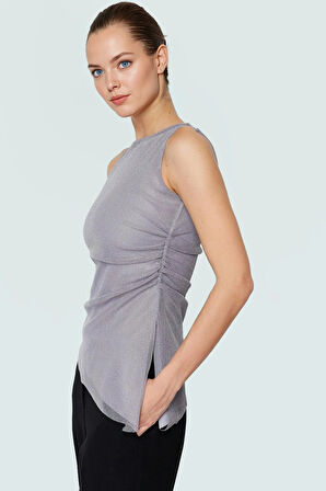 Kolsuz Örme Bluz Kayık Yaka Tül Kumaş Regular Kalıp Günlük Şıklık Şık Görünüm