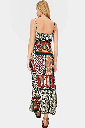 A Line Midi Elbise Örme Kumaş Etnik Desen Kare Yaka Rahat ve Şık Zarifane Tasarım Özel