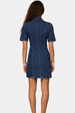 Kısa Kollu Bodycon Denim Elbise Fermuarlı Gömlek Yaka Rahat Günlük Kaliteli İşçilik Kullanım