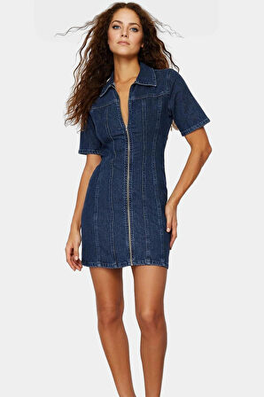 Kısa Kollu Bodycon Denim Elbise Fermuarlı Gömlek Yaka Rahat Günlük Kaliteli İşçilik Kullanım