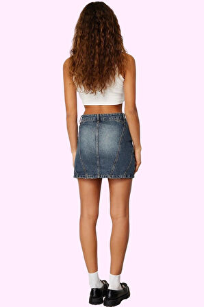 Kadın Pamuk Denim Mini Etek Yüksek Bel Soluk Efekt Günlük Kombinler İçin Dayanıklı Malzeme