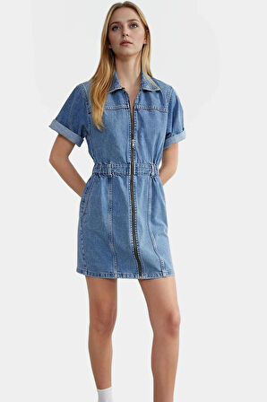 Kadın Denim Mini Elbise Fermuar Standart Kol Bodycon Kalıp Yüksek Kalite Şık Görünüm