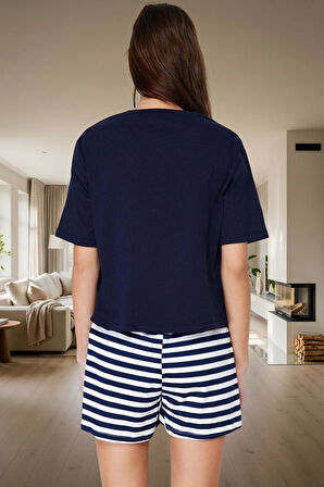 Ayıcıklı Yazlık Pijama Takımı %100 Pamuk Kısa Paça Çizgili Şık Görünüm Özenle Seçilmiş