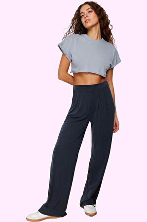 Kadın Yüksek Bel Geniş Paça Pantolon Modal Kumaştan Sürdürülebilir Günlük Kaliteli Malzeme