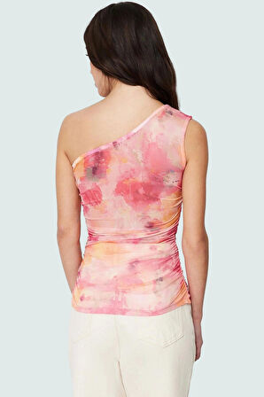 Tek Omuzlu Fitted Tül Bluz Esnek Örme Çiçek Desenli Yazlık Seçkin Malzeme