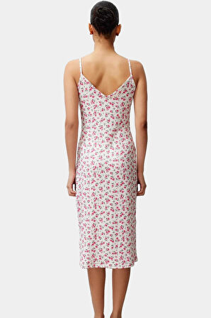 Şık Çiçekli A Line Midi Elbise Nefes Alan Örme Kumaş V Yaka İnce Askılı Trend Tasarım