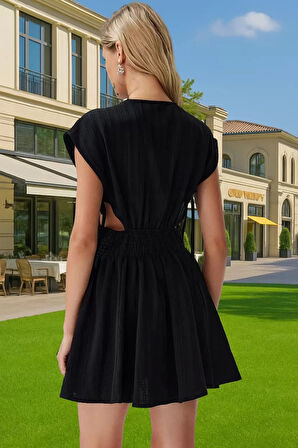 Keten Karışımlı V Yaka Mini Elbise Cut Out Detaylı Yazlık Elbise Profesyonel Görünüm Trend Tasarım
