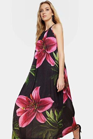 A line Halter Yaka Maxi Elbise Örme Çiçekli Polyester Yazlık Uzun Ömürlü Modern Stil