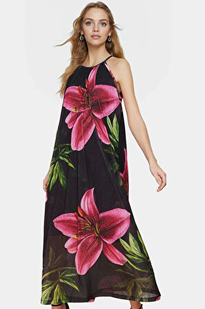 A line Halter Yaka Maxi Elbise Örme Çiçekli Polyester Yazlık Uzun Ömürlü Modern Stil