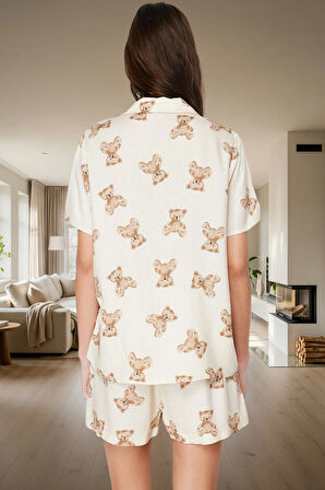 Ayıcıklı Viskoz Pijama Yazlık Rahat Şortlu 2'li Takım Ev Giyim Özel Tasarım Yüksek Kalite