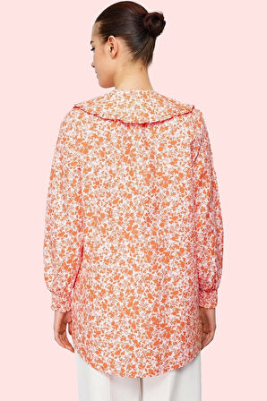 Kadın Çiçek Desenli Dokuma Gömlek Bebe Yaka Uzun Kollu Rahat Yazlık Yaz Aylarının Vazgeçilmezi