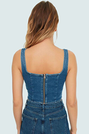 Pamuklu Denim Bluz Crop Kesim Kare Yaka Yazlık Kaliteli İşçilik Zarifane Tasarım