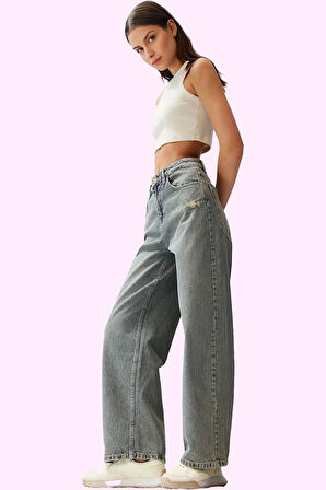 Kadın Pamuklu Denim Wide Leg Pantolon Düşük Bel Günlük Stil Hafta Sonu Yaz Aylarının Vazgeçilmezi