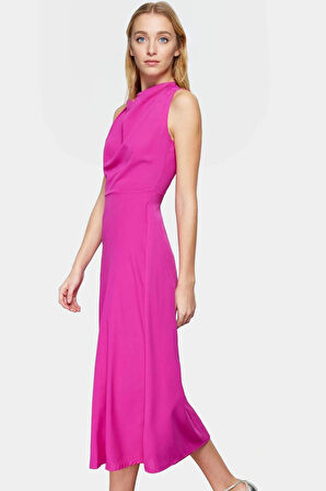 A Line Polyester Midi Elbise Degaje Yaka Krep Dokuma Astarlı Premium Kalite Modern Stil