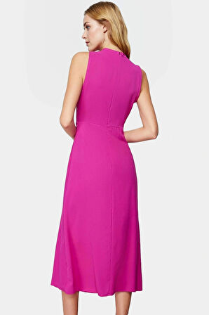 A Line Polyester Midi Elbise Degaje Yaka Krep Dokuma Astarlı Premium Kalite Modern Stil