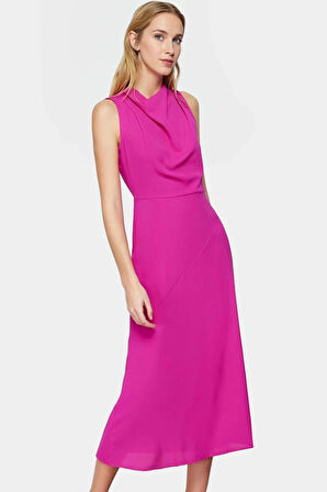 A Line Polyester Midi Elbise Degaje Yaka Krep Dokuma Astarlı Premium Kalite Modern Stil