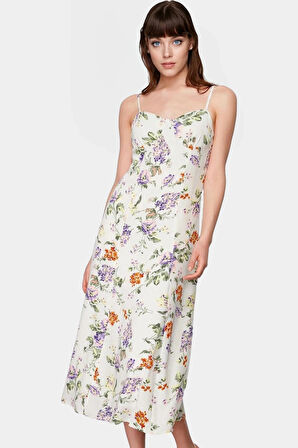 Çiçek Desenli A line Midi Elbise %Polyester Yazlık Rahat Zarifane Tasarım
