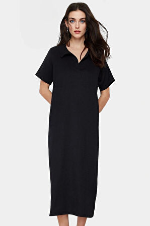 Rahat Kalıp Örme Midi Elbise Yazlık Polyester Kumaş Polo Yaka Kısa Kol Premium Kalite