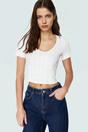 Rahat Örme Bluz Havuz Yaka Kısa Kol Crop Polyester Yazlık Seçkin Malzeme Dayanıklı